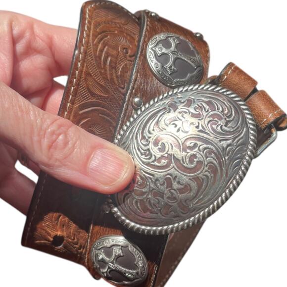 3D Kids Tooled Leather Western Belt 20” Brown Conchos Engraved Buckle Cowboy - Picture 1 of 10